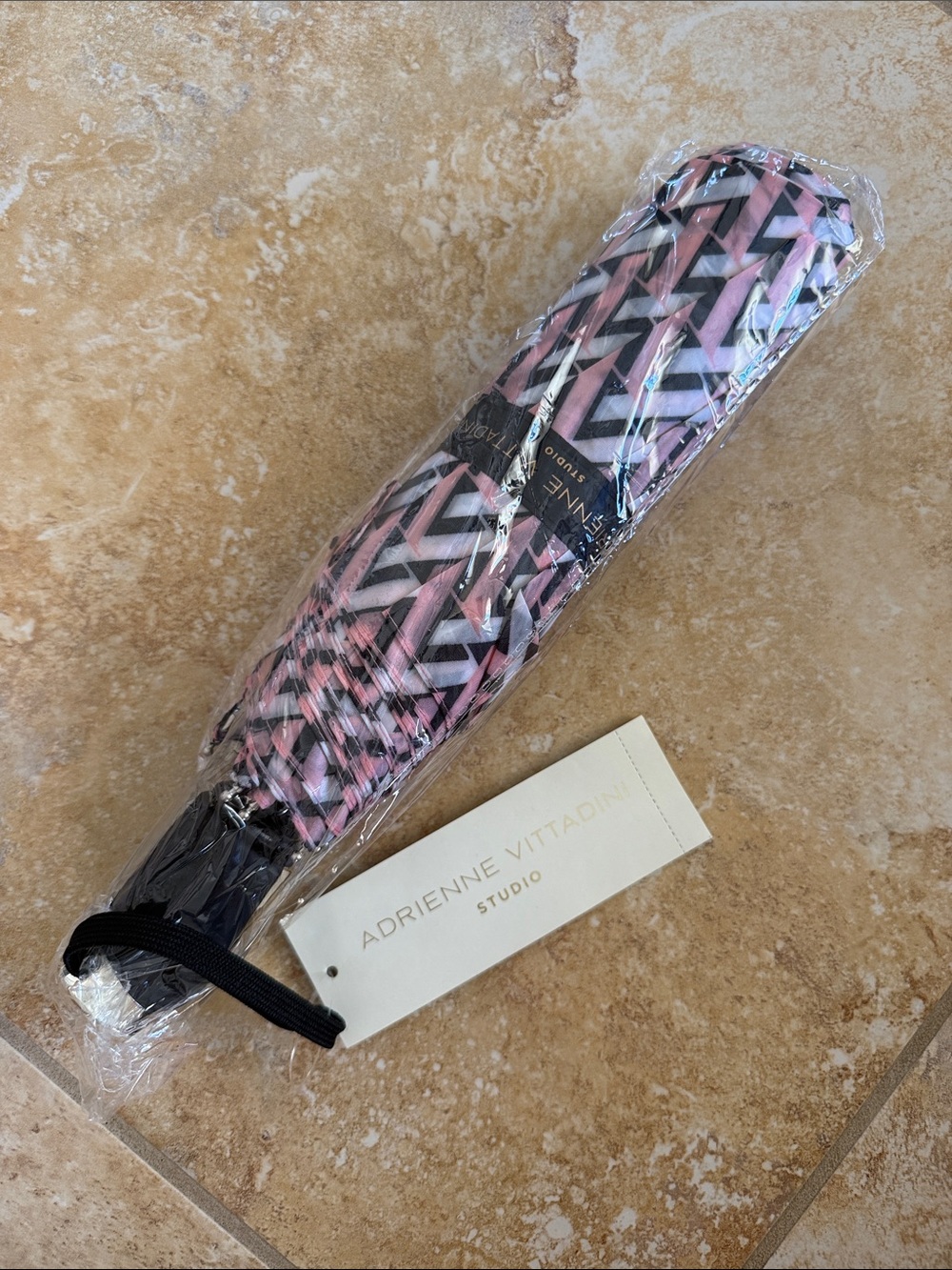 Adrienne Vittadini Pink and Black Chevron Compact Umbrella